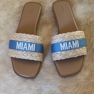 BAMBOO MIAMI Raffia Slide Sandals in Blue and Tan